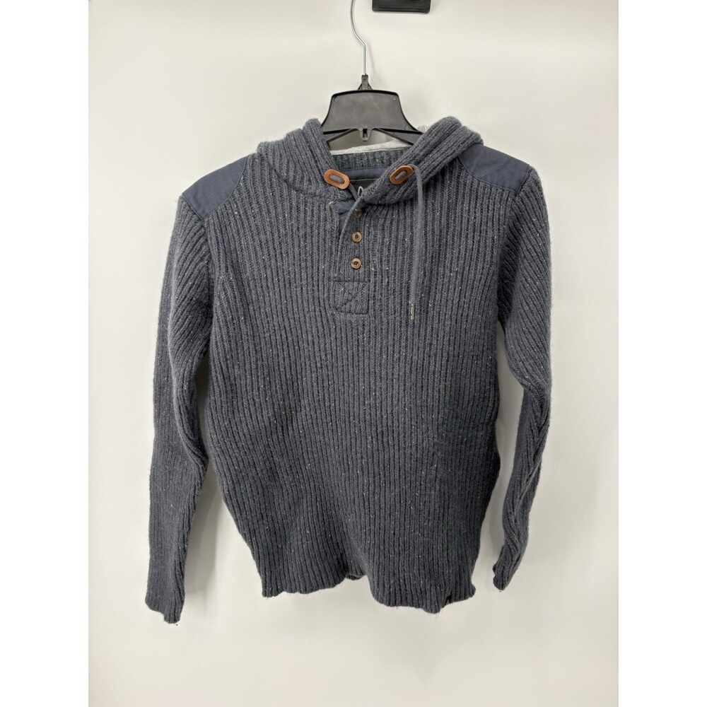 Prana Men's Medium Sweater Blue/Gray Ribbed Chunky Knit Hooded Henley Wool Blend